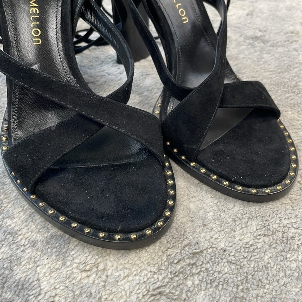New Tamara Mellon Terra 100 Suede Studded Wrap Around Sandals Heels Black 38.5 - Picture 7 of 13